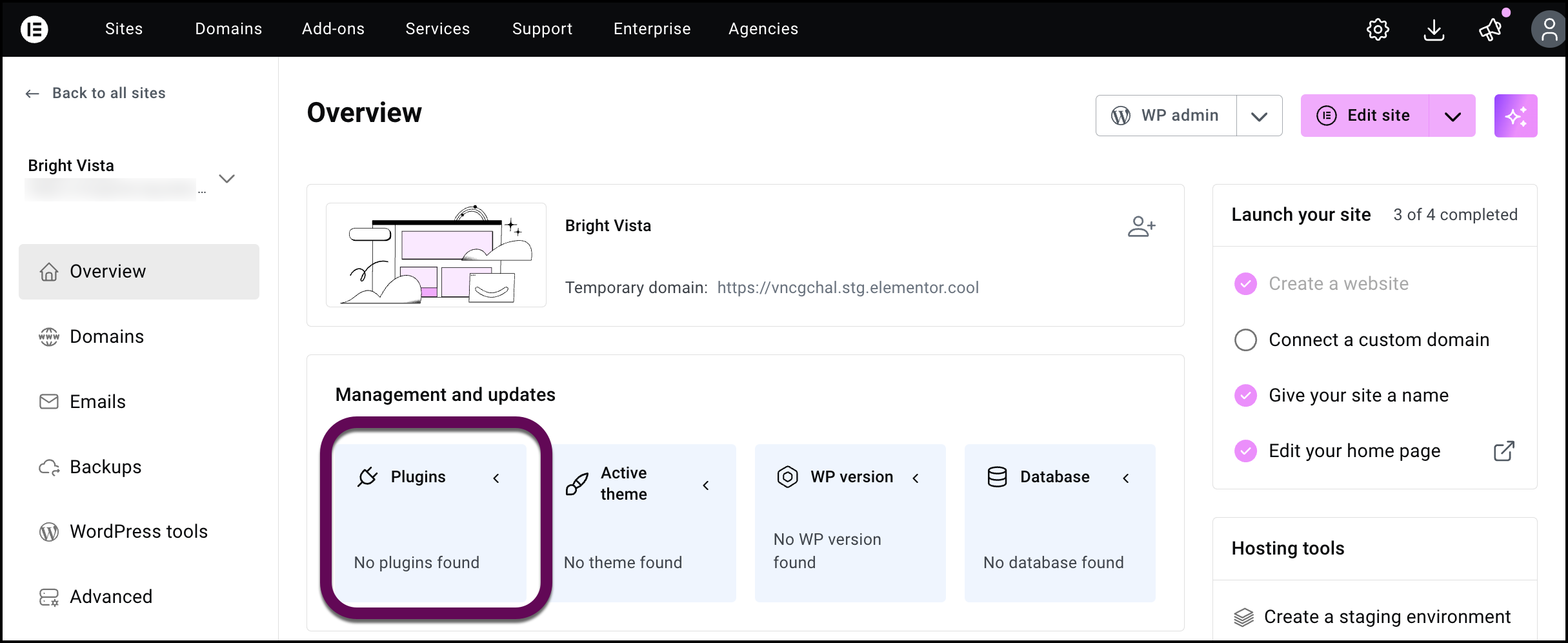 Clicking plugins shows a list of site plugins