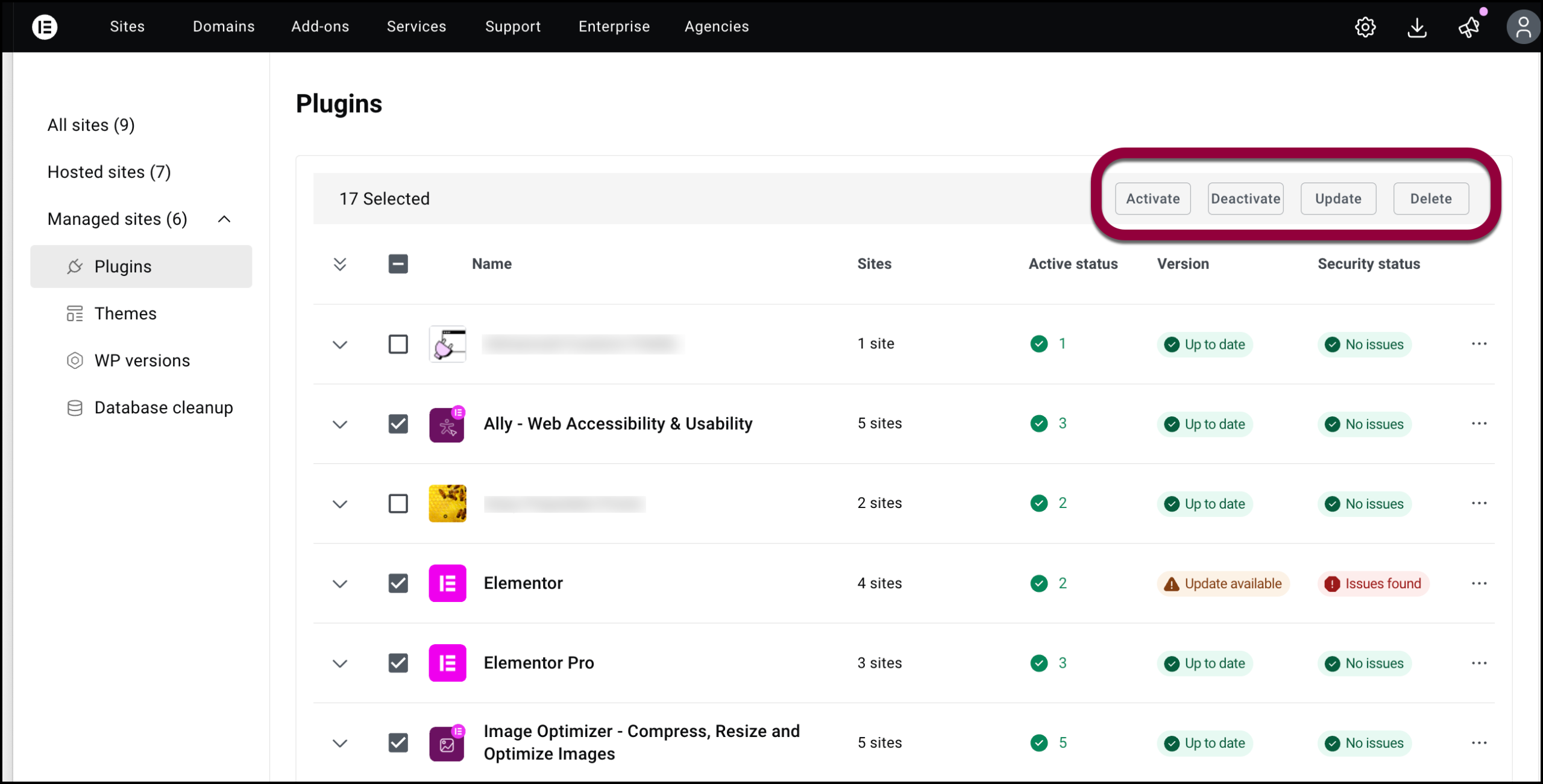 The plugin actions Activate, Deactivate, Update or Delete.