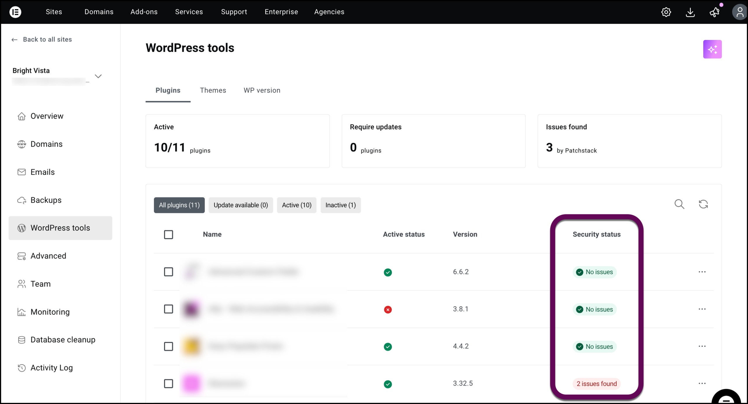 This image highlights the "Security status" column where users can identify specific plugin issues.