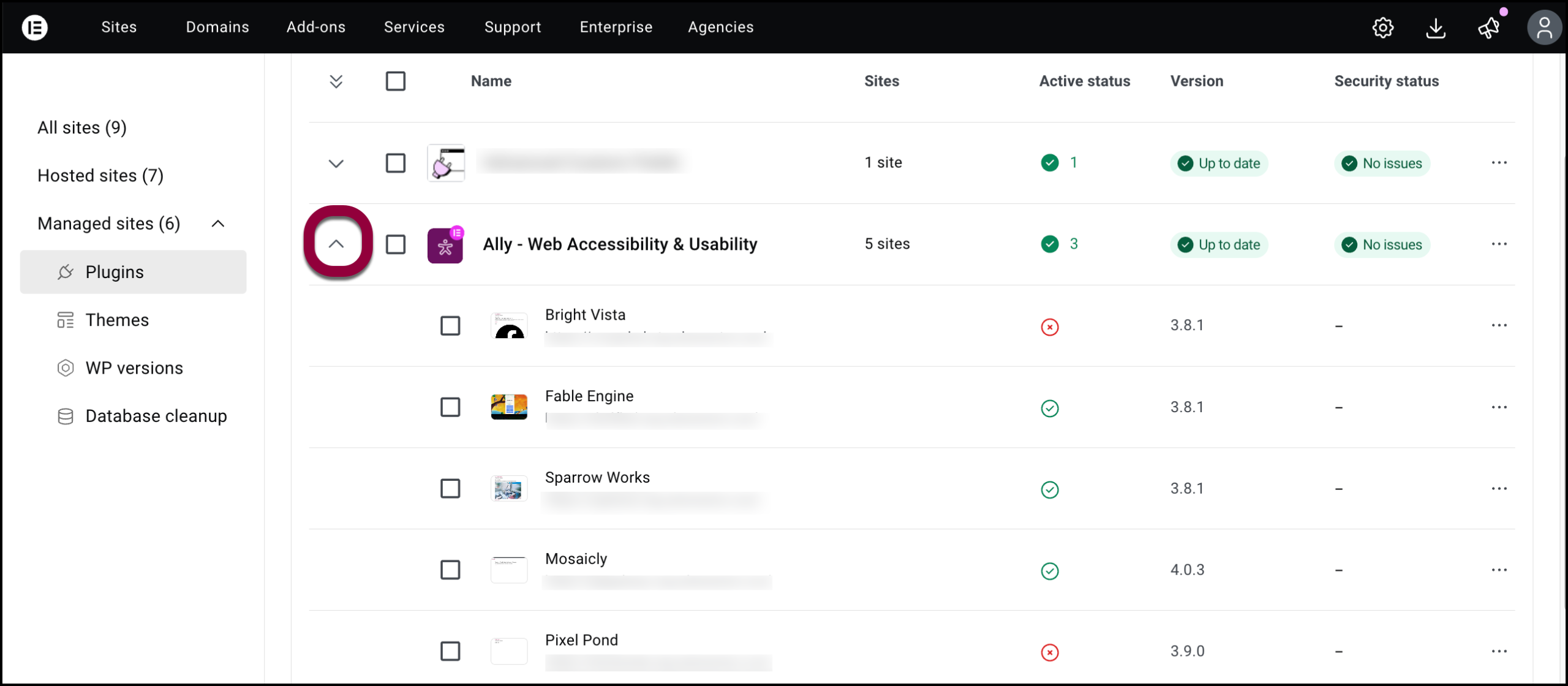 Clicking the arrow revealing sites that use the plugin.