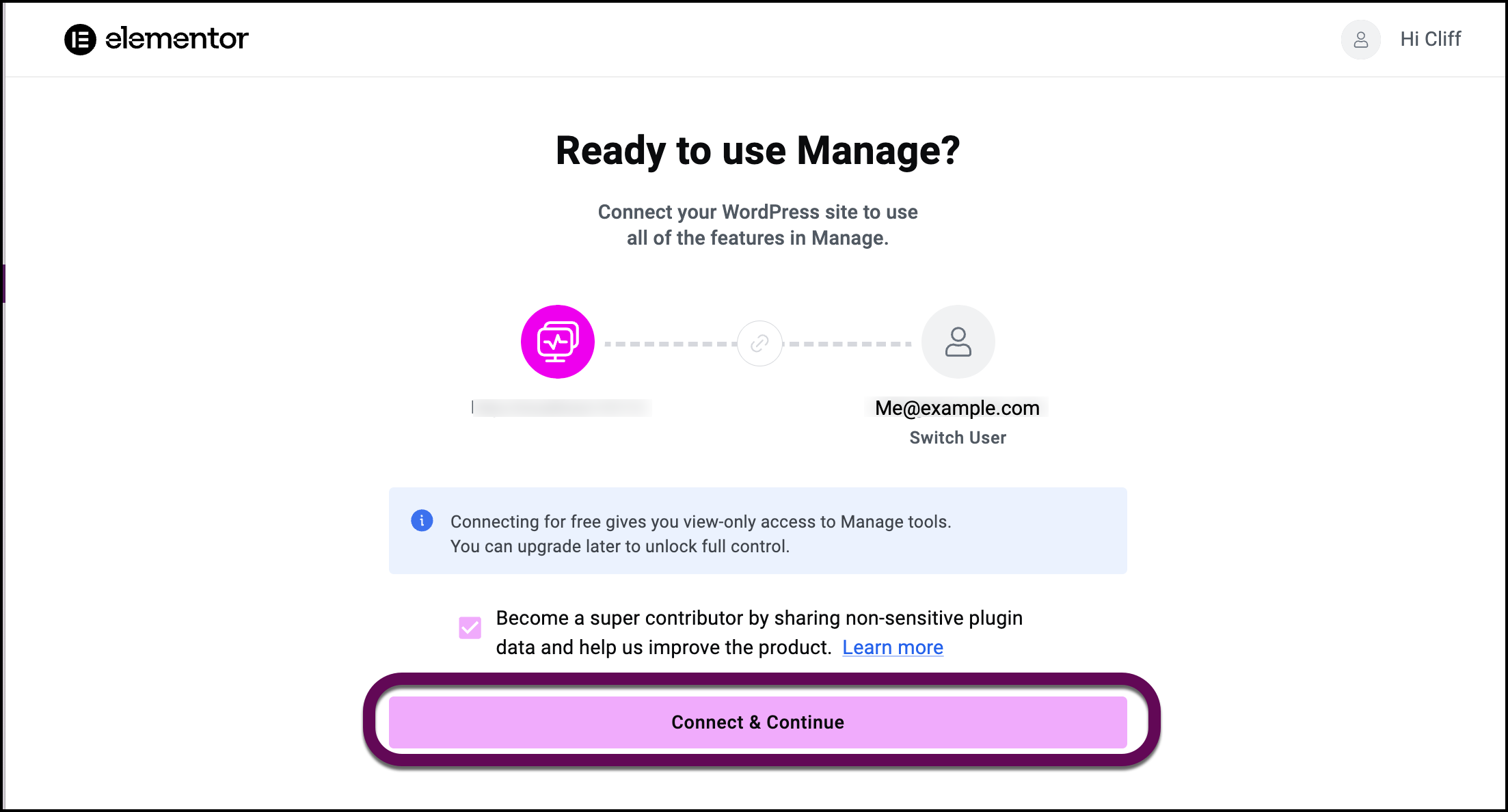The Collect and Continue button to finish installing Manage