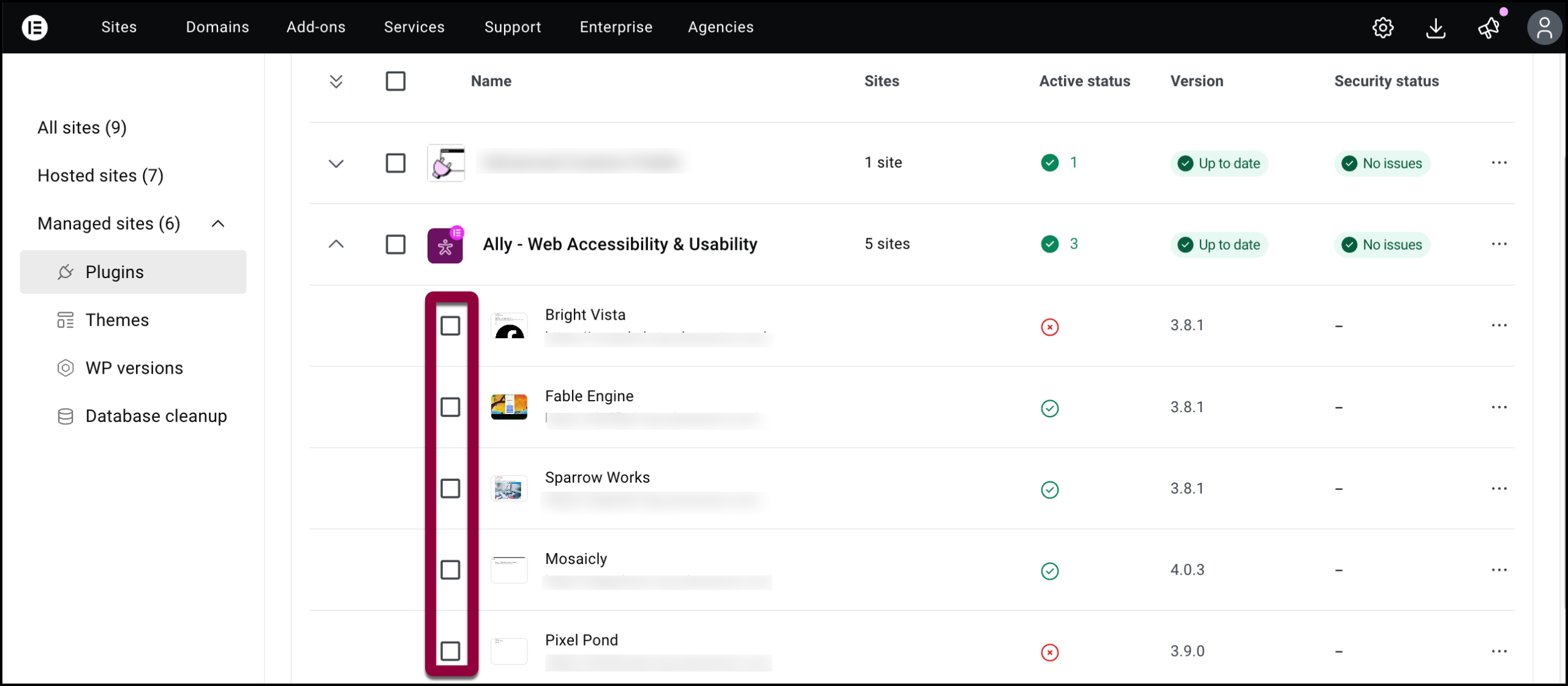 Use the checkboxes to select more than one site.