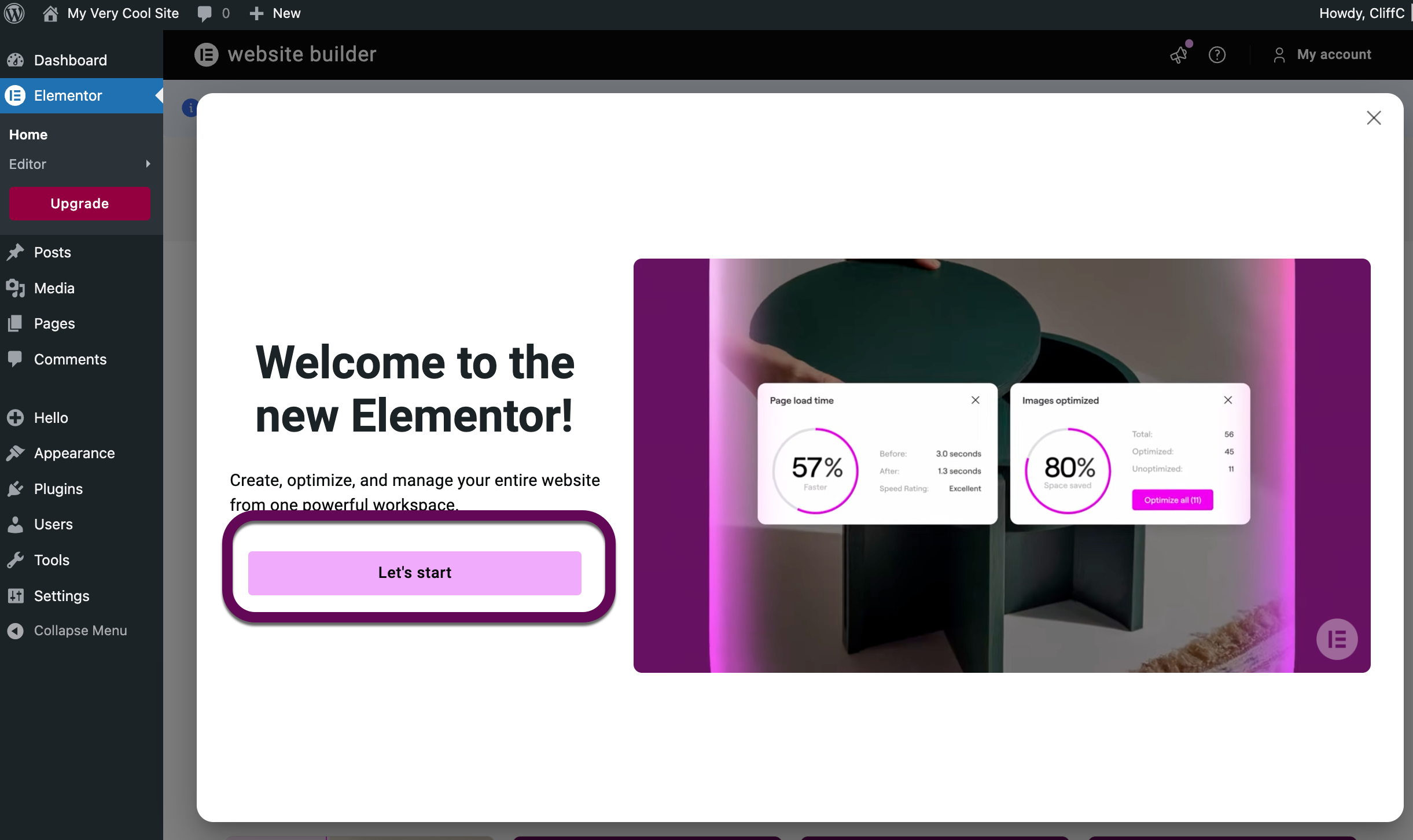 The Let's Start button for Elementor One