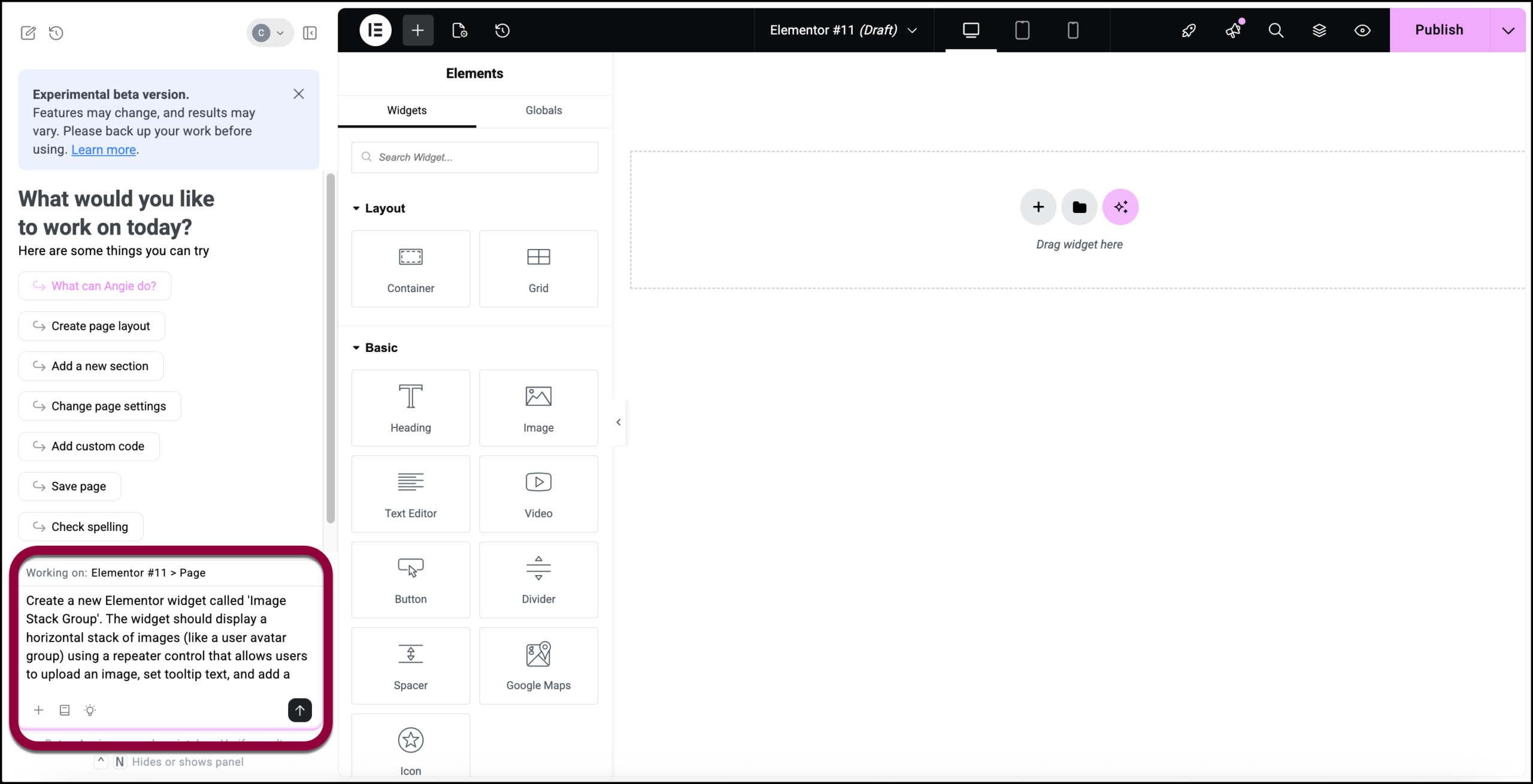 Screenshot of the Angie prompt panel with a text description