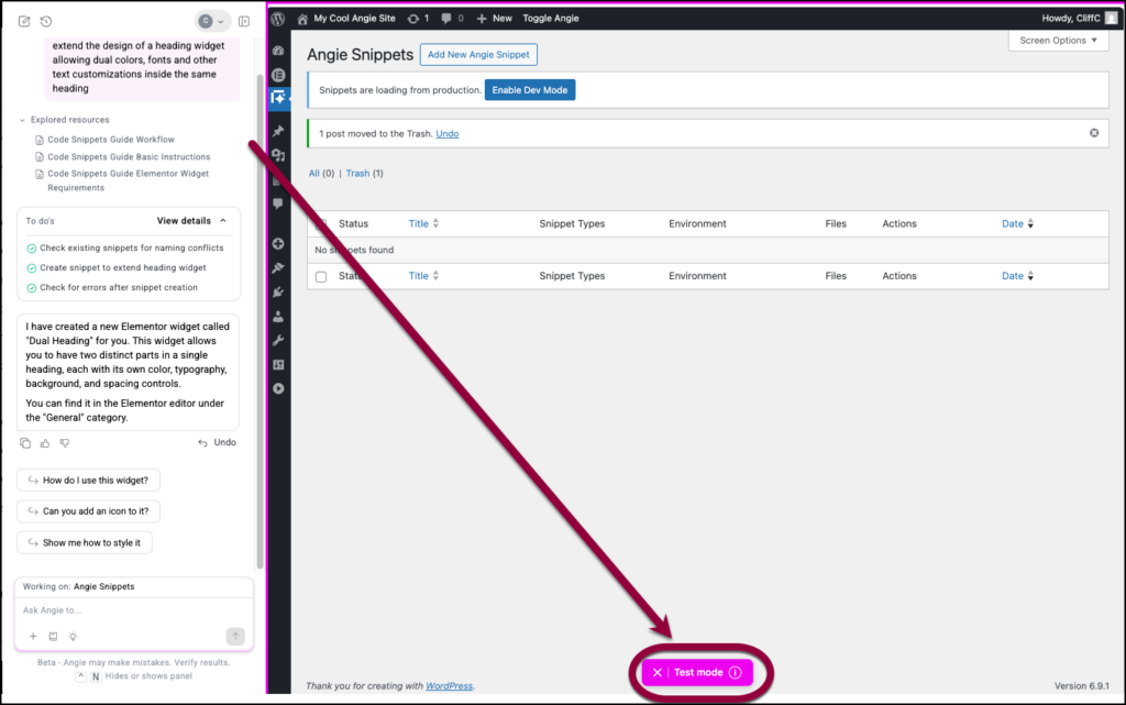 Image of the test mode window and pink frame.
