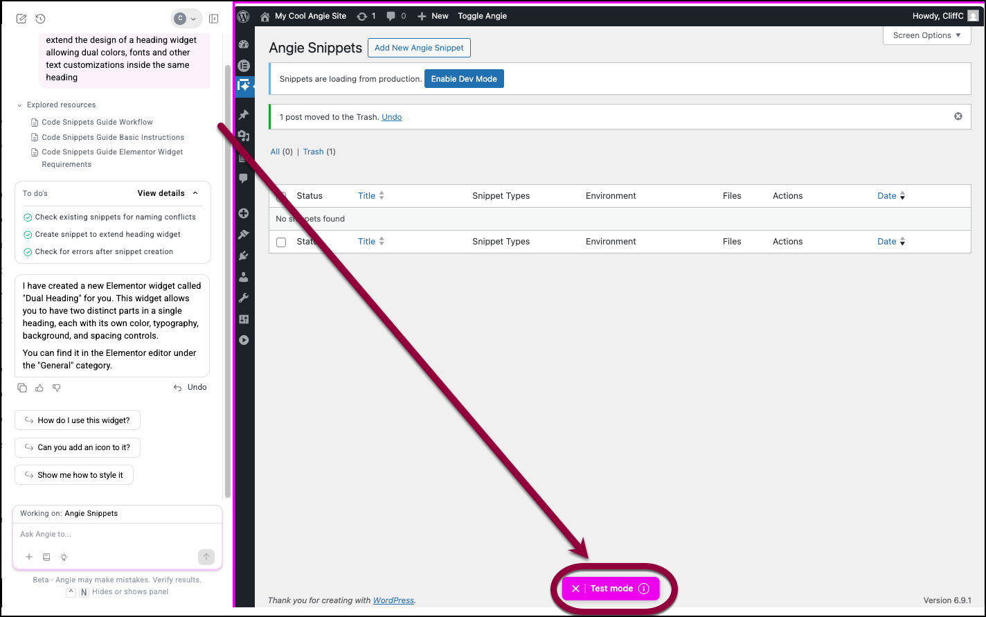 How to use Angie Test Mode for Elementor widgets and snippets | Elementor