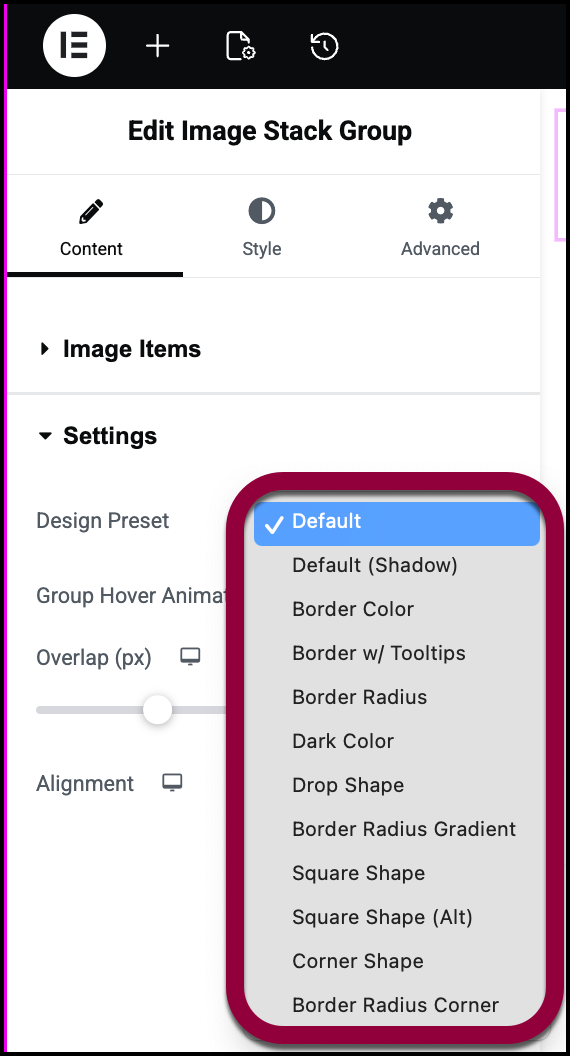 A list of preset added to the widget