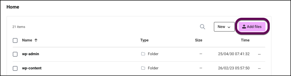 The File Manager top toolbar highlighting the Add Files button and the file upload dialog for transferring robots.txt from a local computer