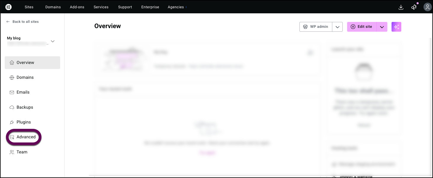 The Advanced tab in the My Elementor dashboard