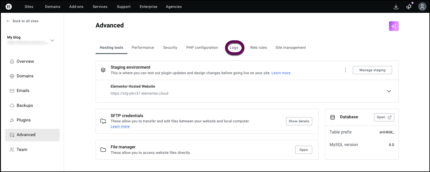 The logs tab lets you review the site logs.