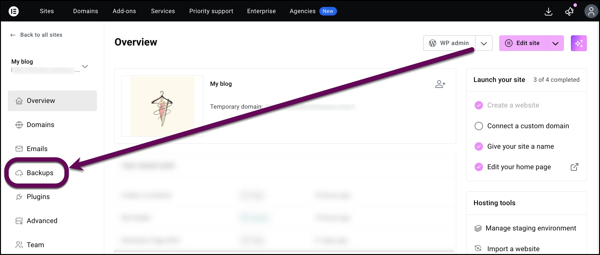 A screenshot of the My Elementor interface showing the website card selected and the Backups tab highlighted in the left sidebar navigation.