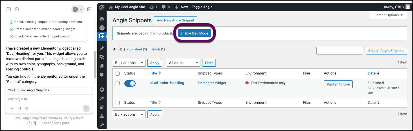 The enable test mode button