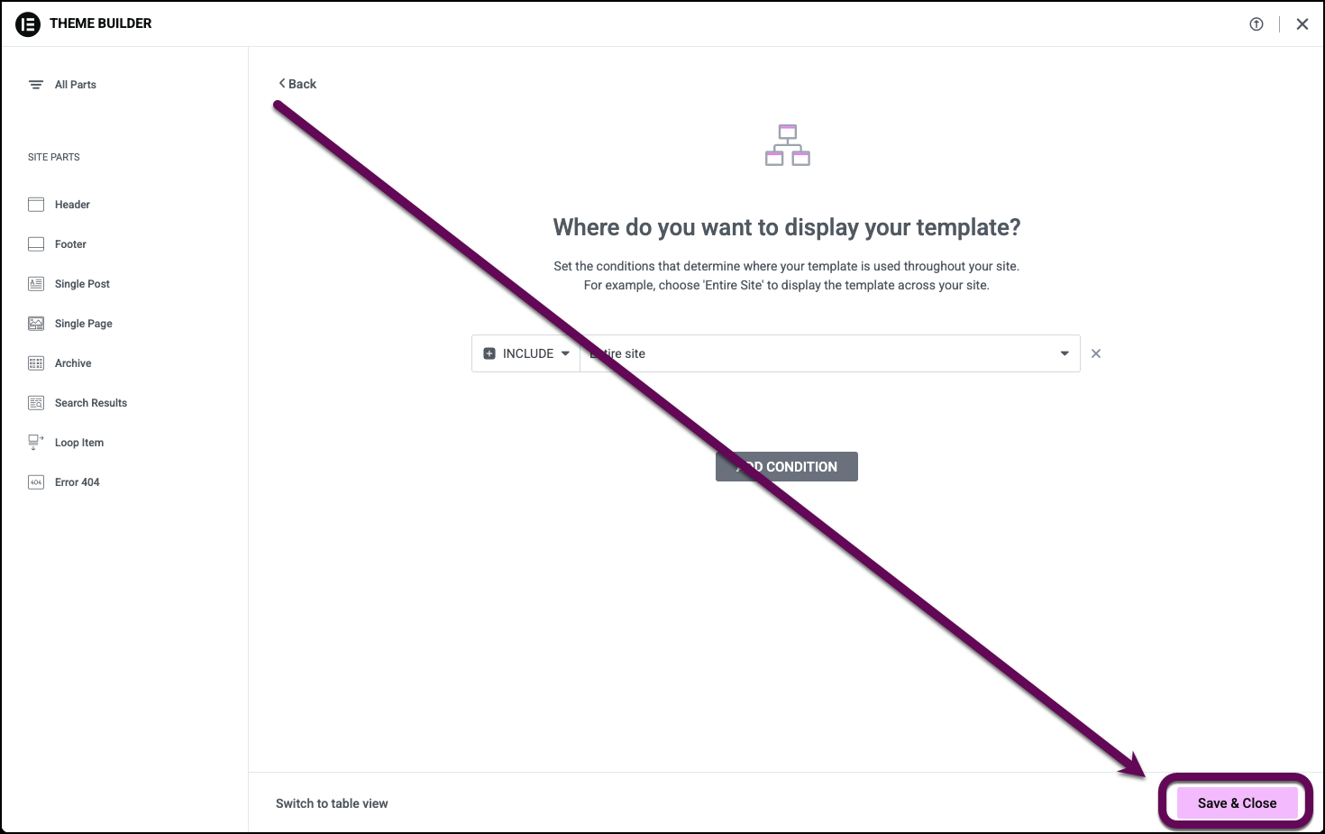 Screenshot: Theme Builder → Header template → Display Conditions panel with “Entire Site” selected