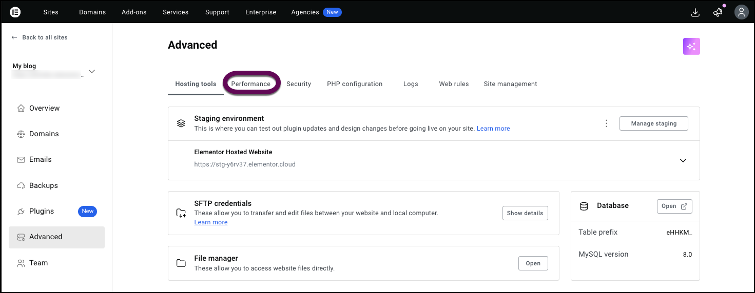 The Performance tab of the My Elementor dashboard.
