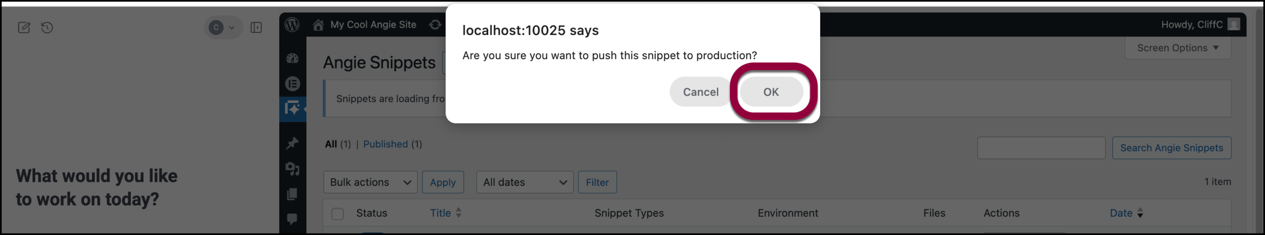 Clicking okay to confirm the choice to pblish