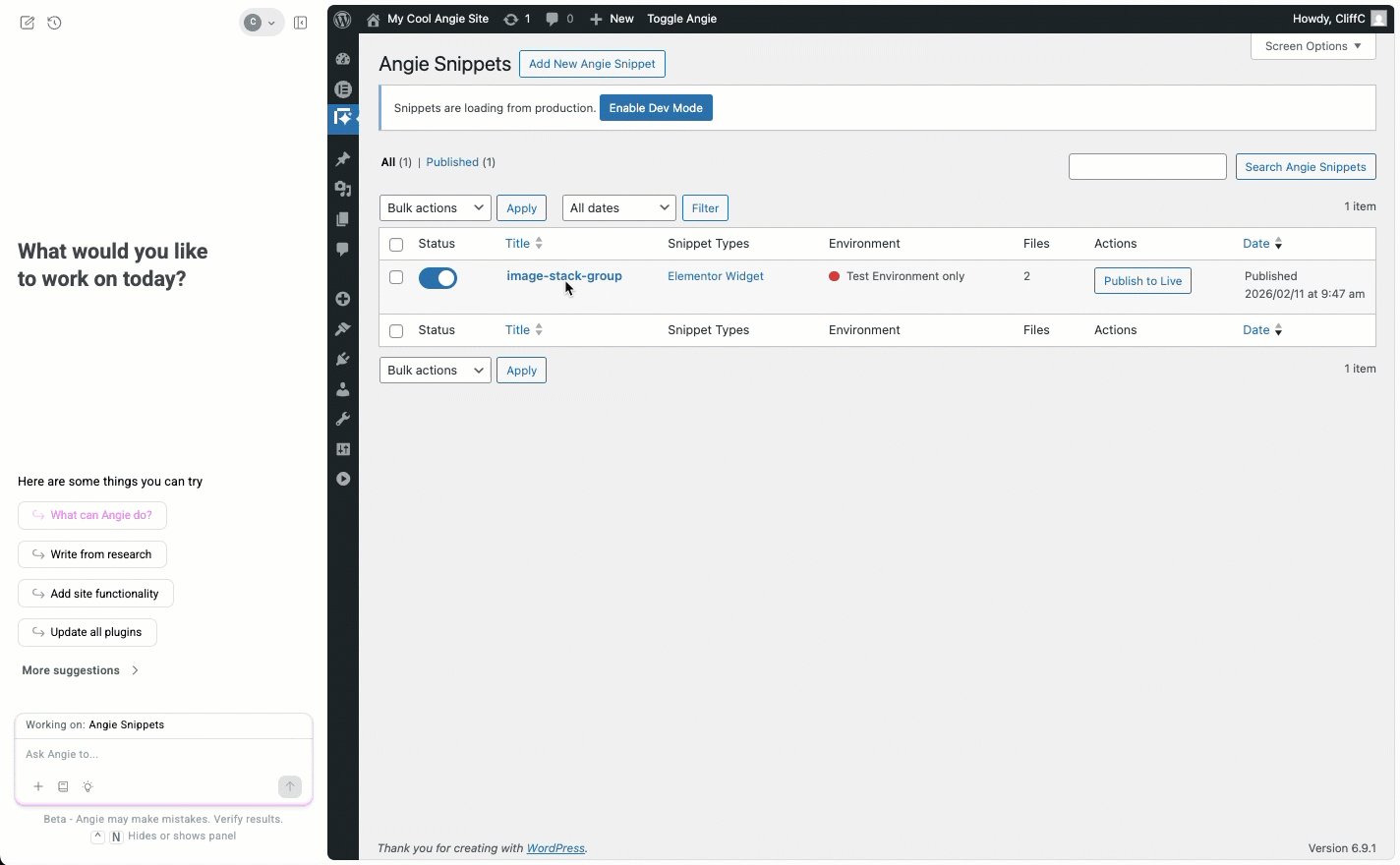 Hover over the snippet and click edit