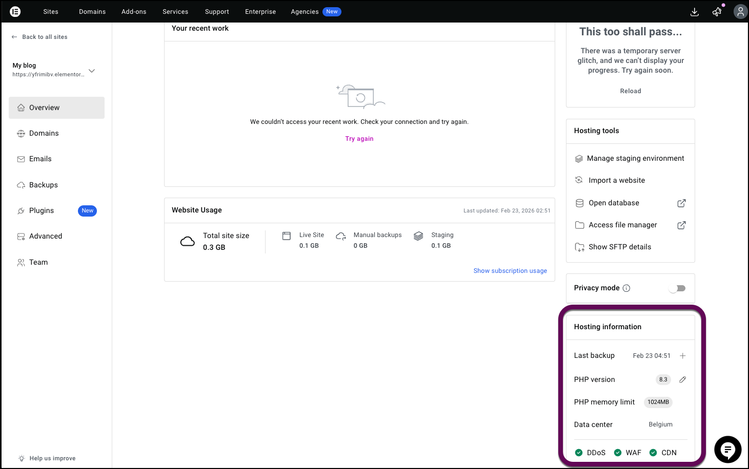 The Hosting Information section of the My Elementor dashboard