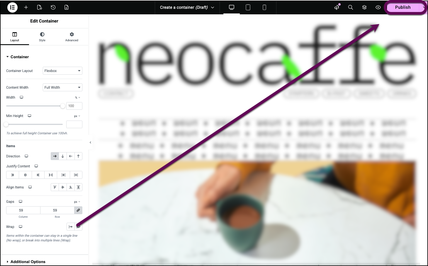 Elementor Editor → top right showing Publish/Update button