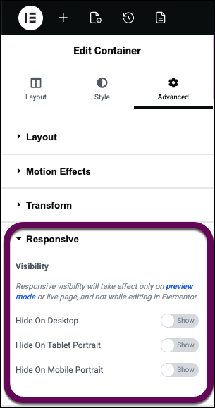 Section settings → Advanced → Responsive controls