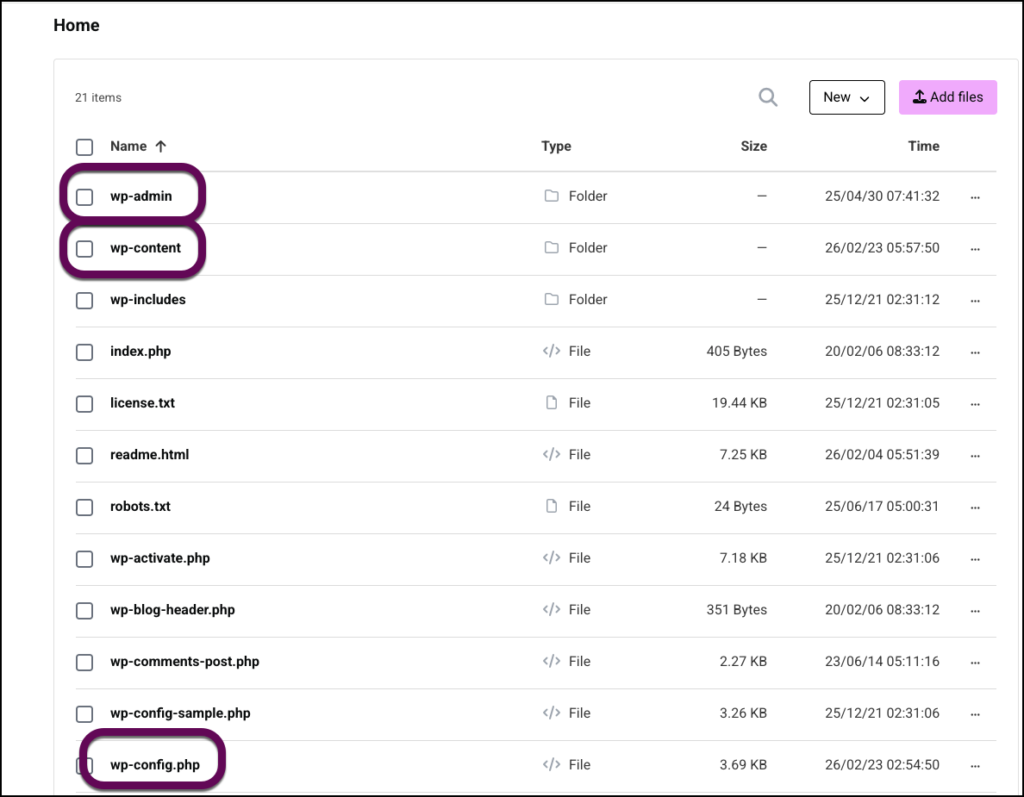File Manager file tree view highlighting the root directory structure including files like wp-config.php and the wp-content folder