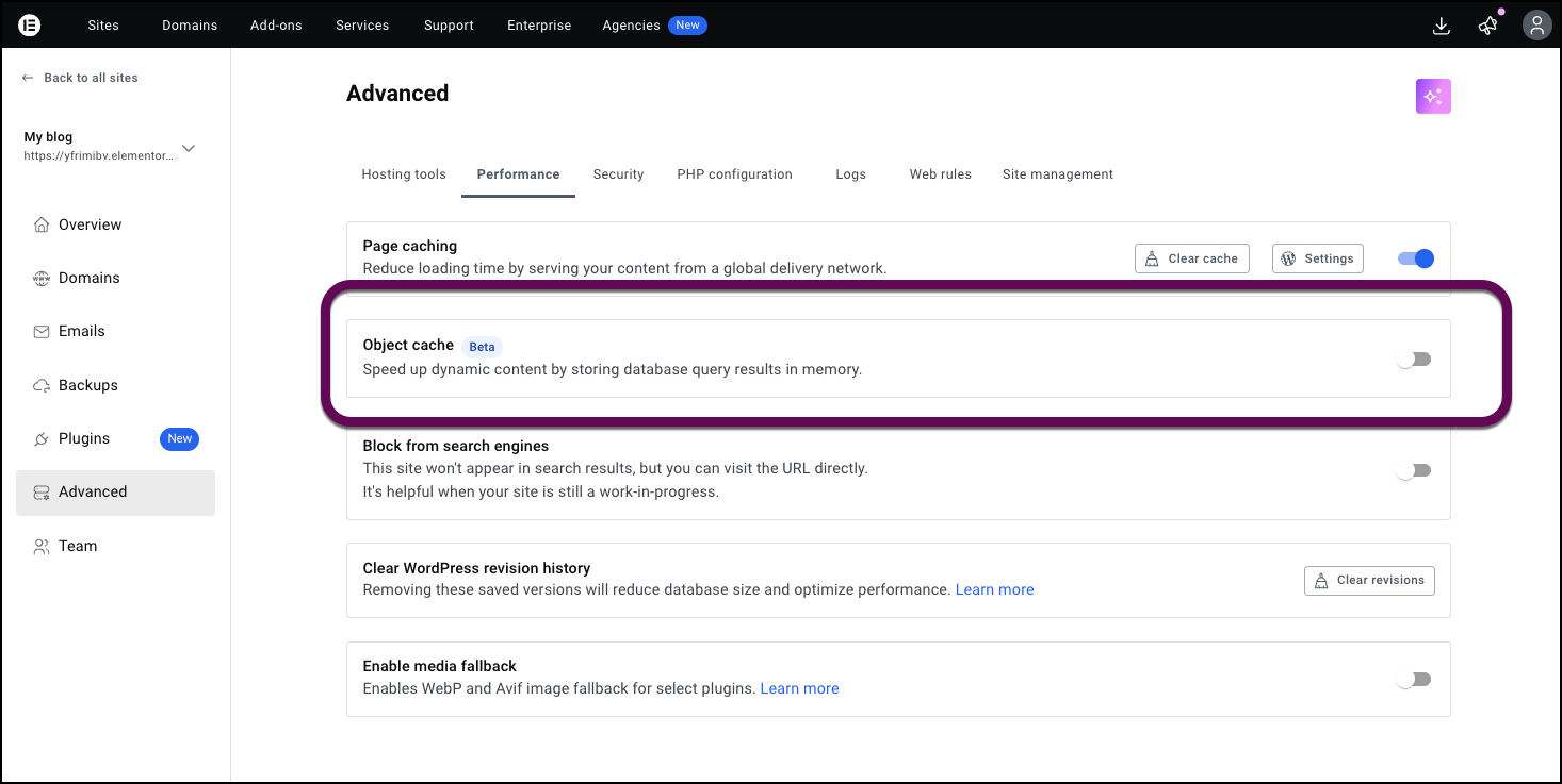 The Object Cache toggle