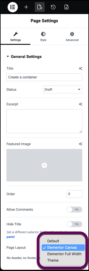 Screenshot: Elementor Editor → Page Settings → Page Layout dropdown