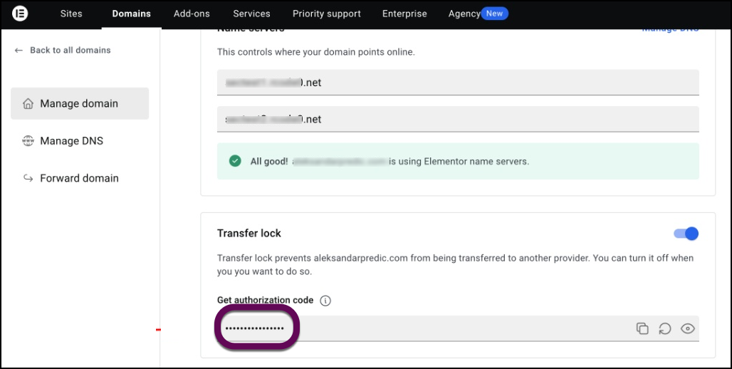 The authorization code to transfer your domain