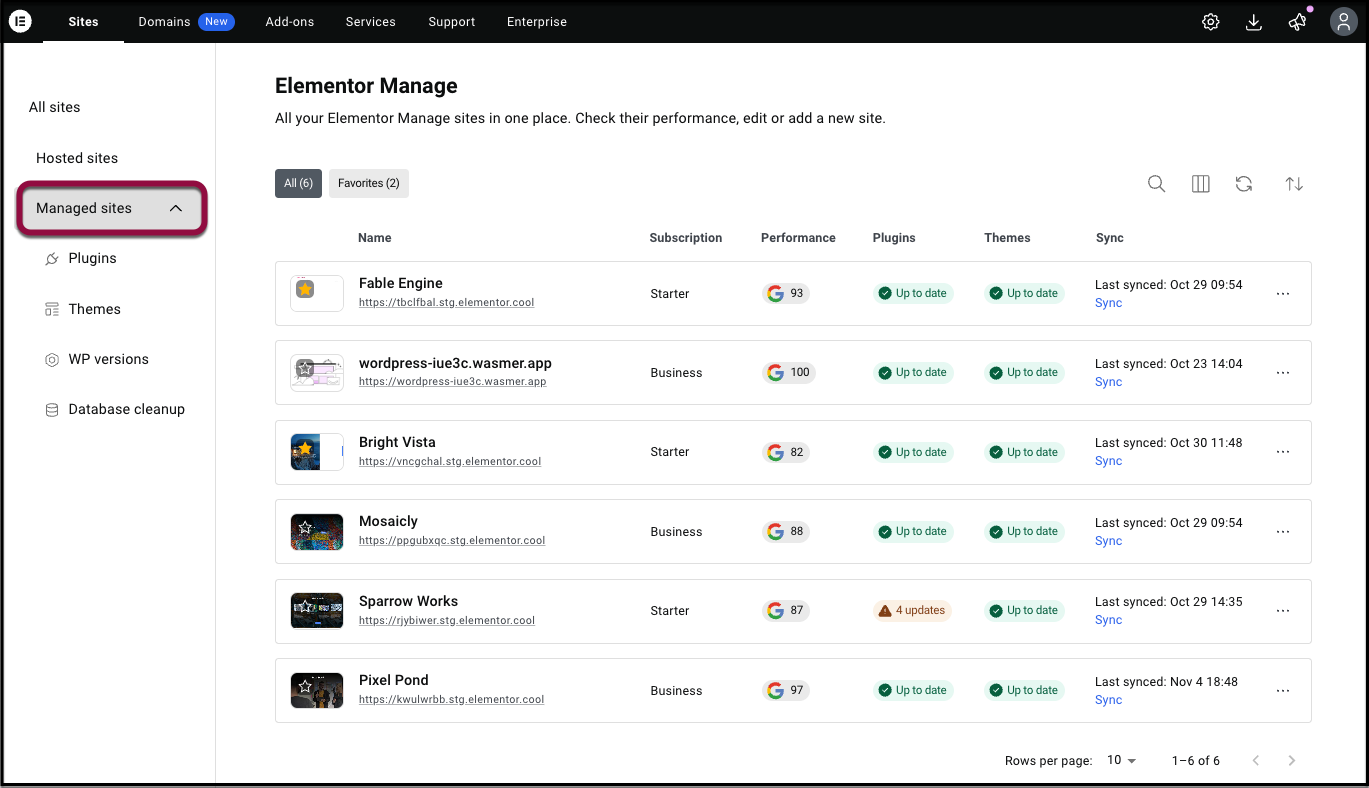 The Managed Sites button