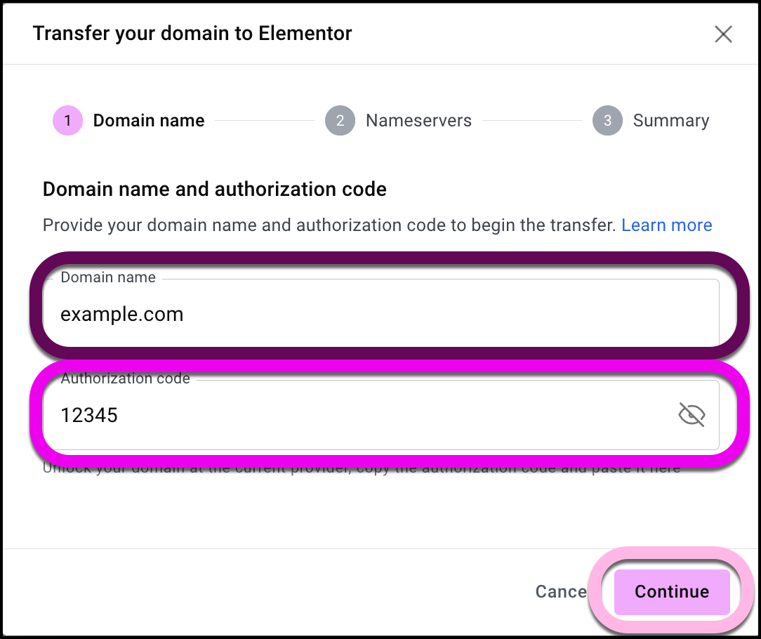 Enter the domain name and authorization code to continue the transfer.