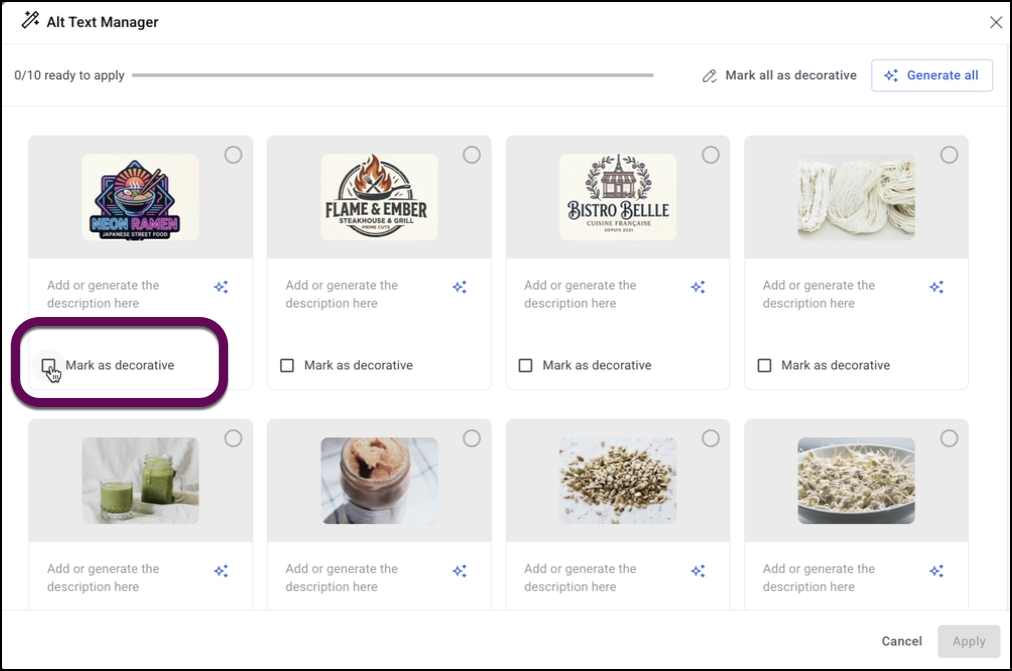 A checkmark is used to designate decorative images