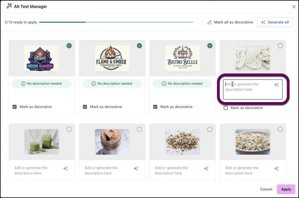 The text box to enter alt text manually