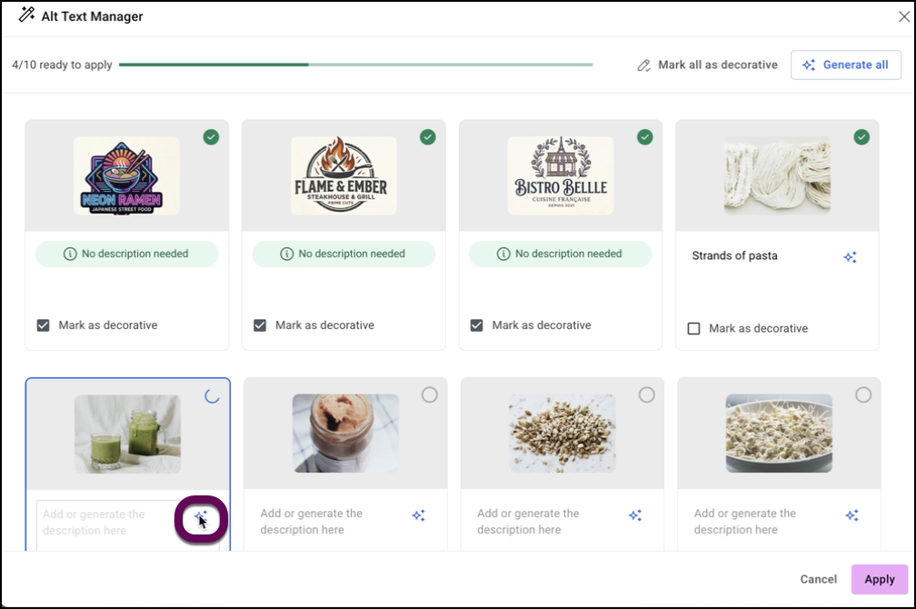 The AI icon to have AI produce the alt text
