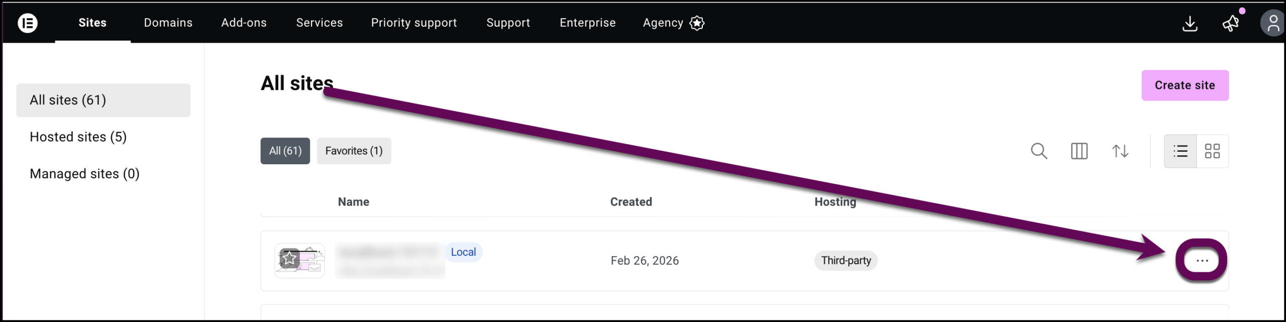 The ellipses on the Sites tab