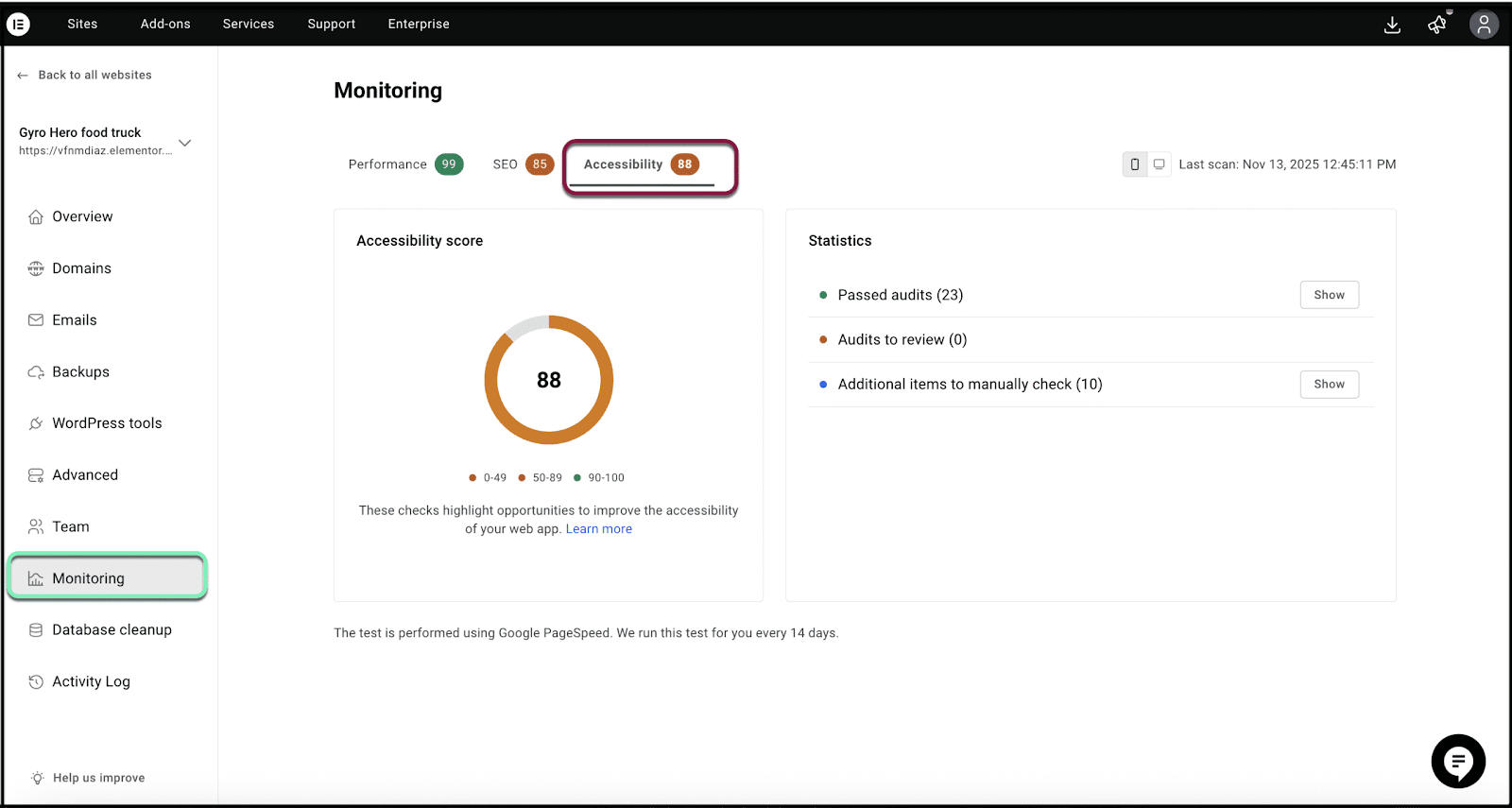The Accessibility tab helps you track how accessible your site is