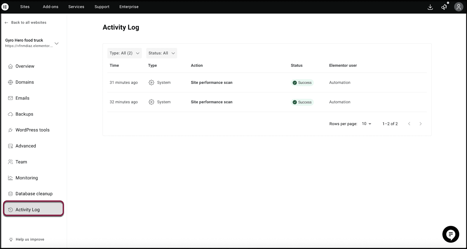 The Activity Log which keeps track of significant actions you've taken