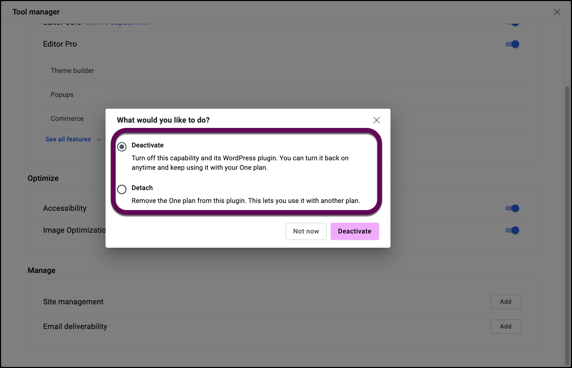 The window used to choose between deactivating and detaching an addon.