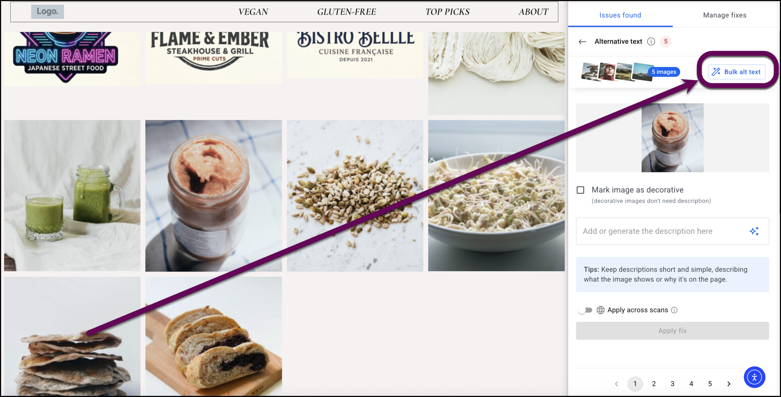 The Apply button finishes the bulk addition of alt text.