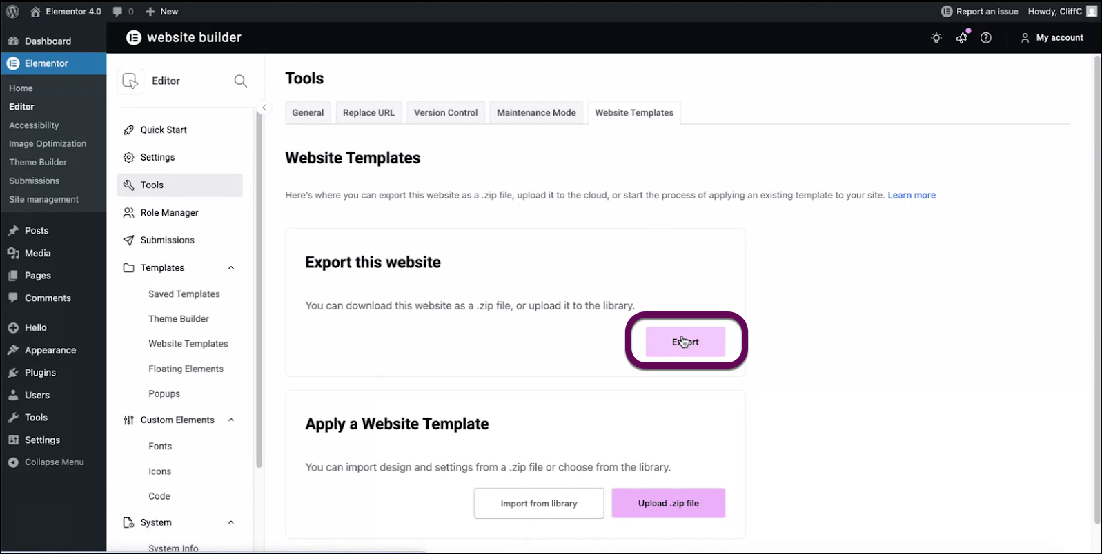 The export button to export the classes and variables.