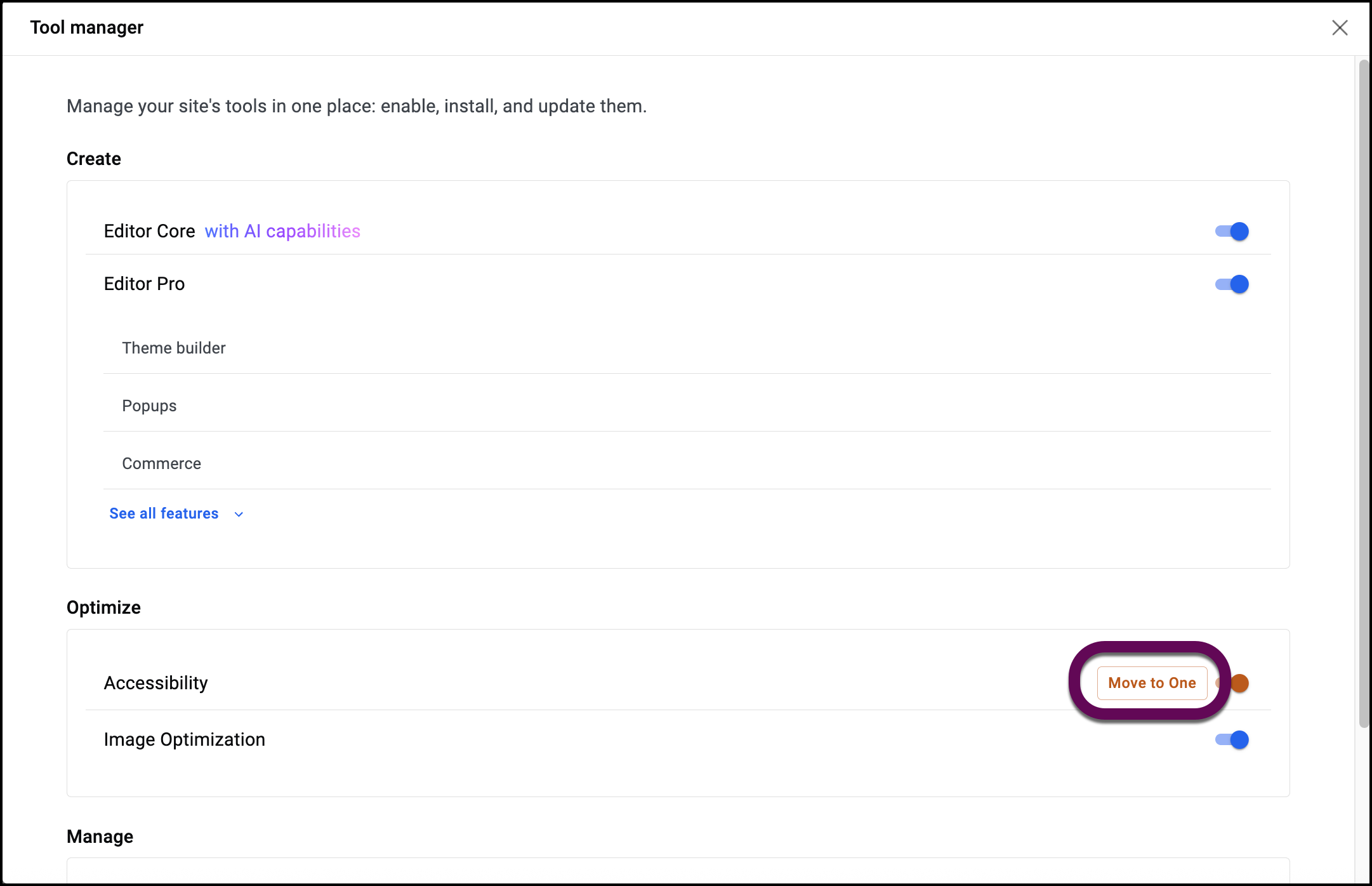The Move to One button that moves a plugin to Elementor One