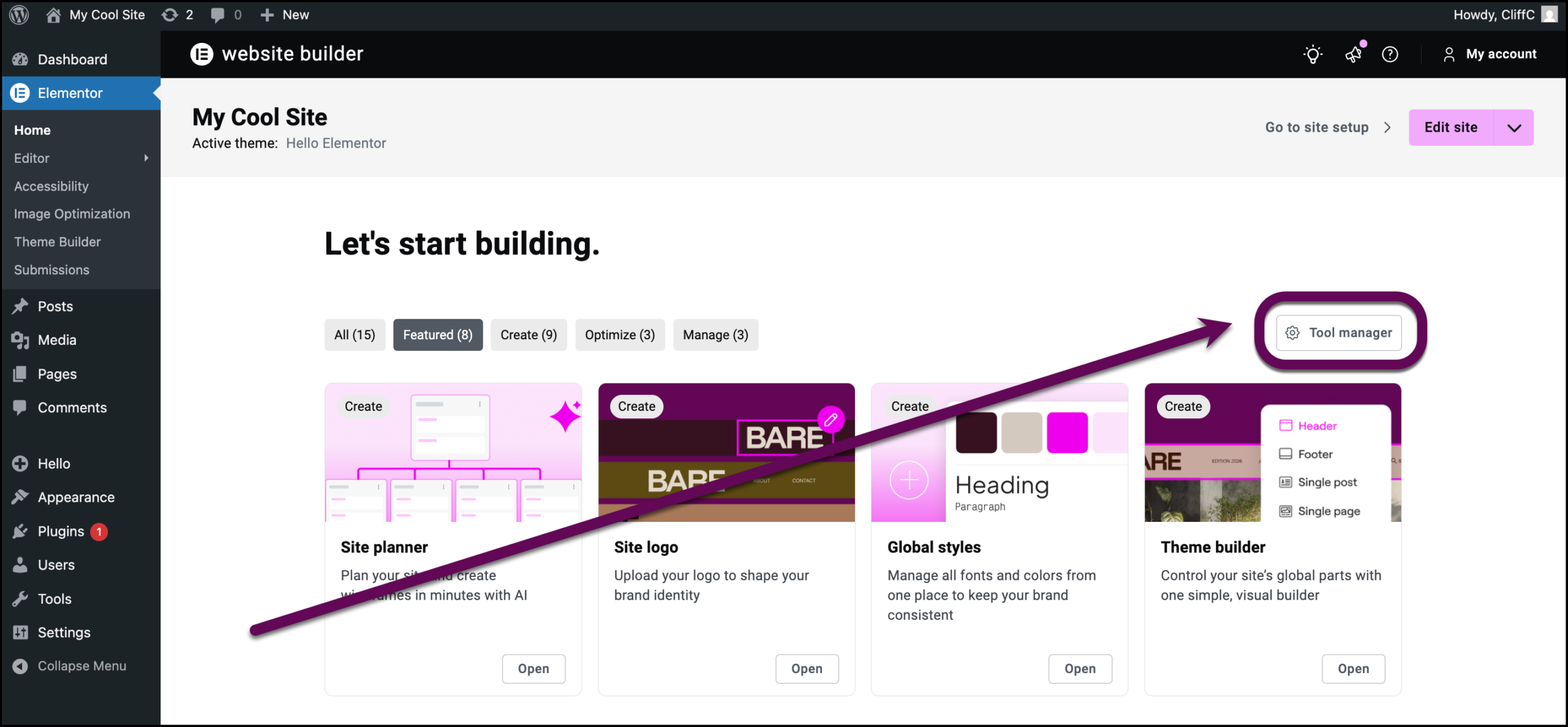 Click Tool Manager to open the Tool Manager