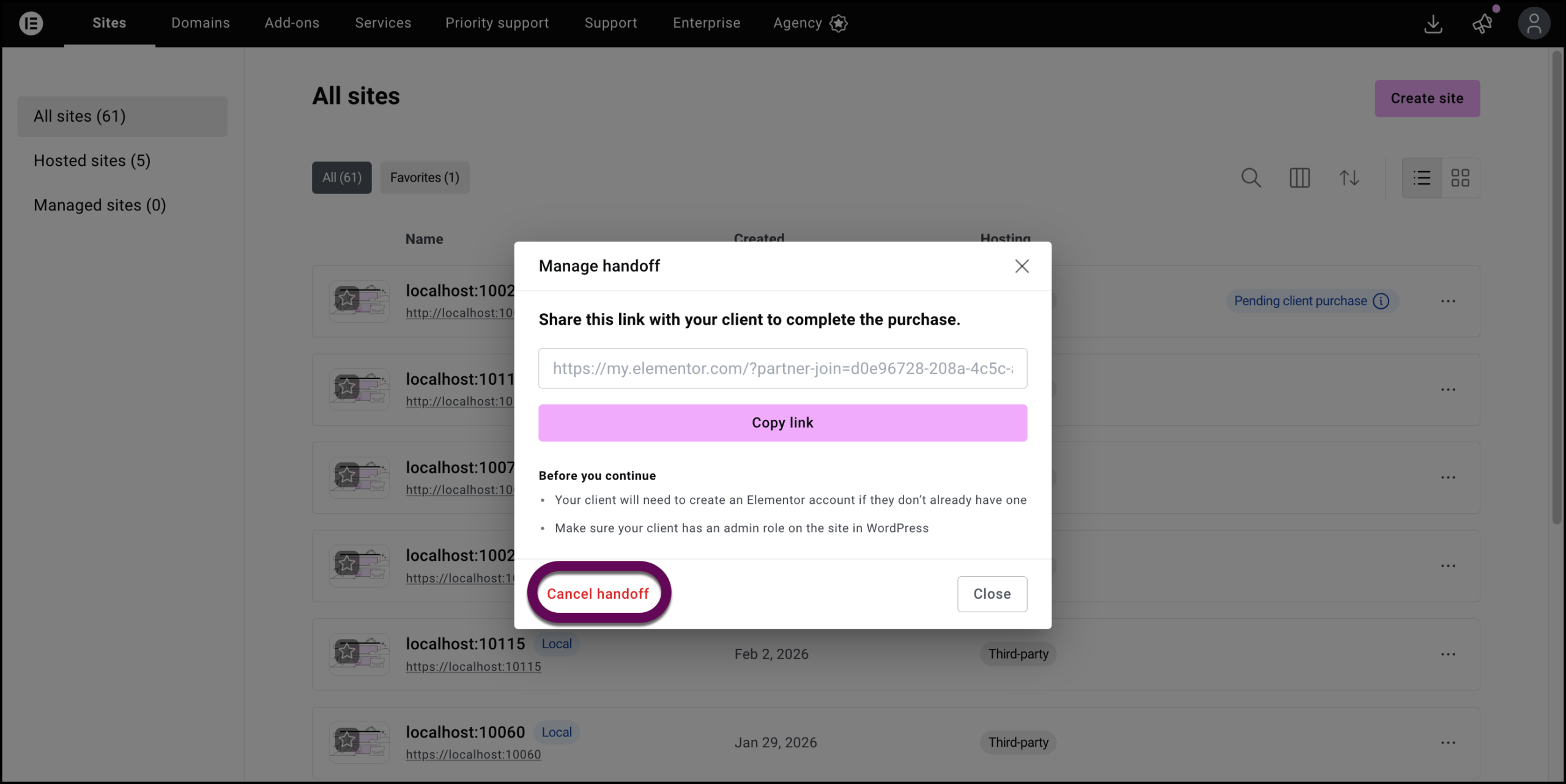 The Cancel handoff button