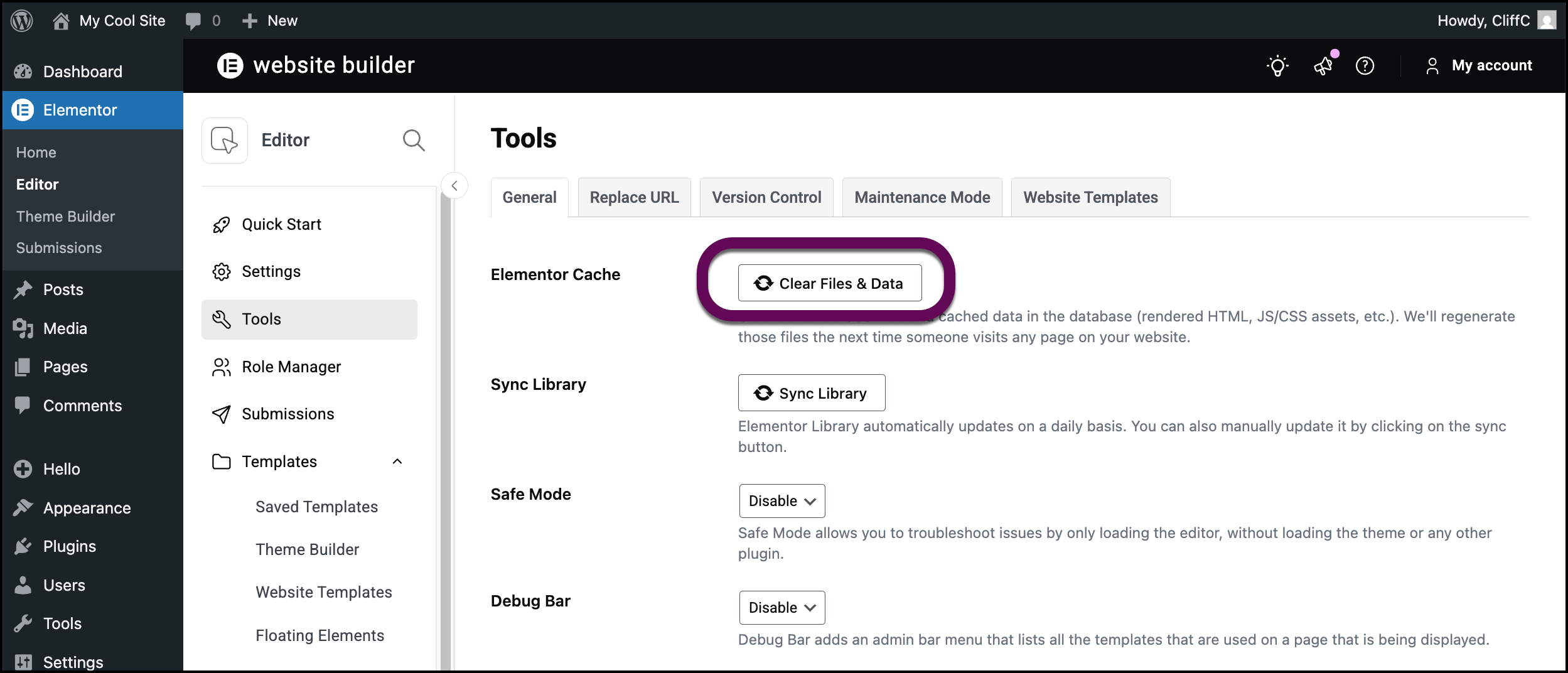 The Elementor Tools page in the WordPress dashboard highlighting the Regenerate Files & Data button.