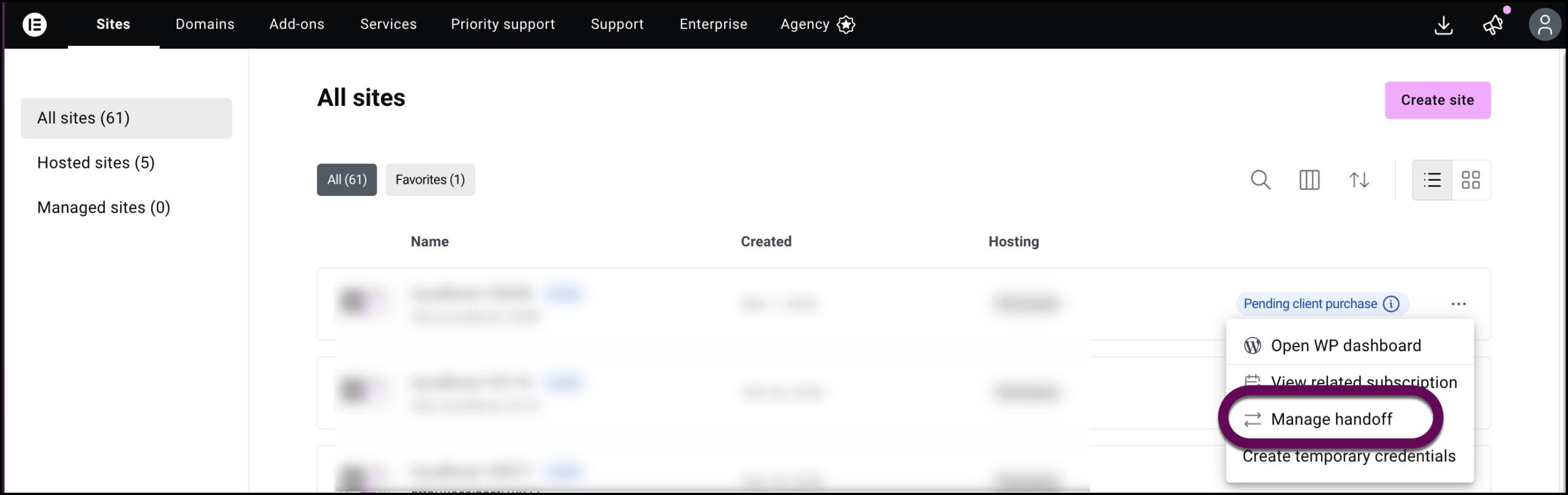 The manage handoff link