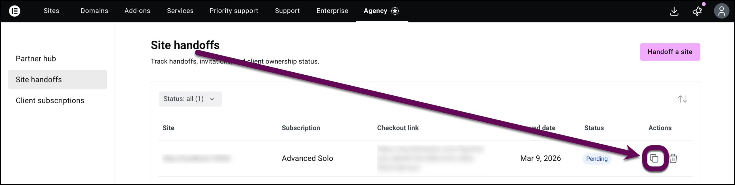 The copy icon to copy the handoff link
