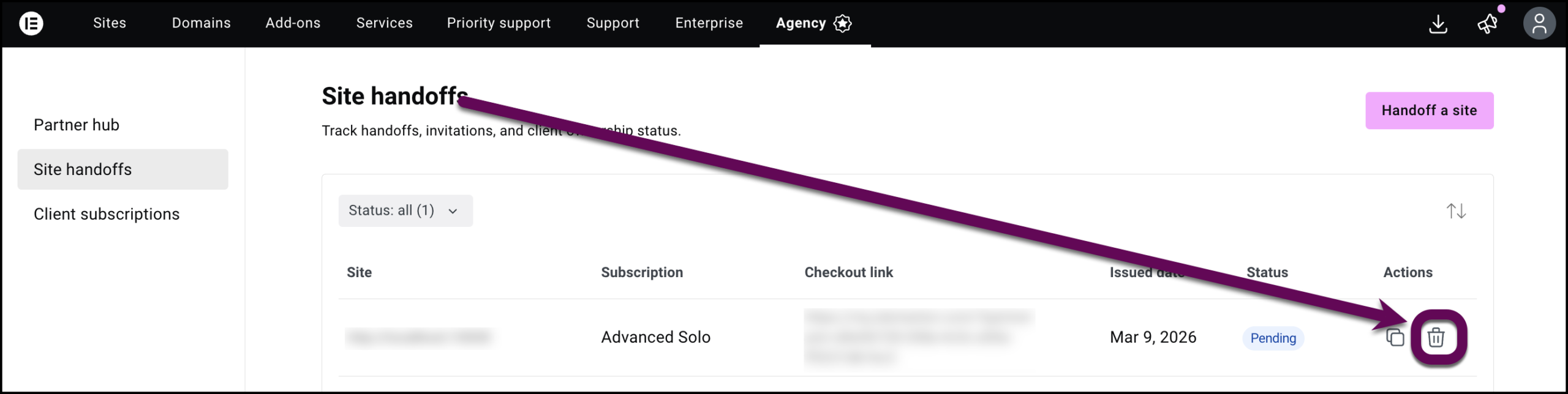 The delte icon to cancel a transfer