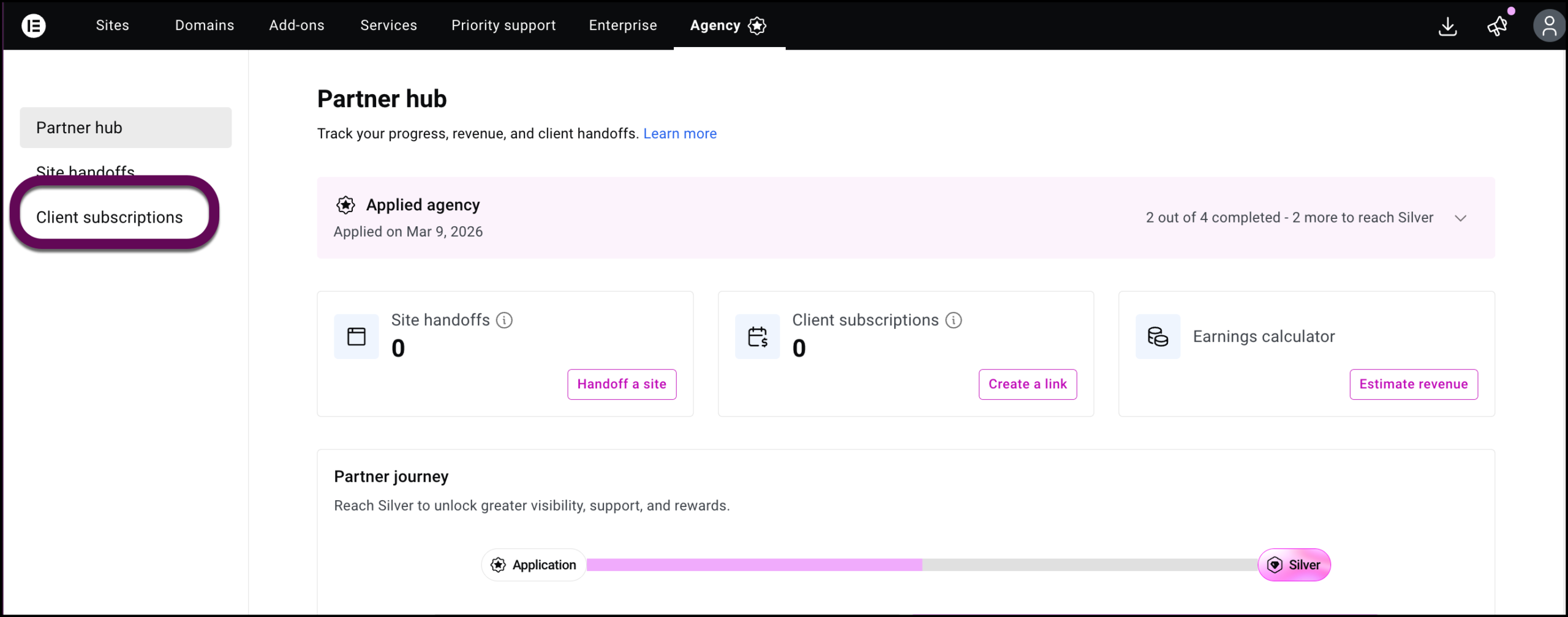 The Client subscriptions link