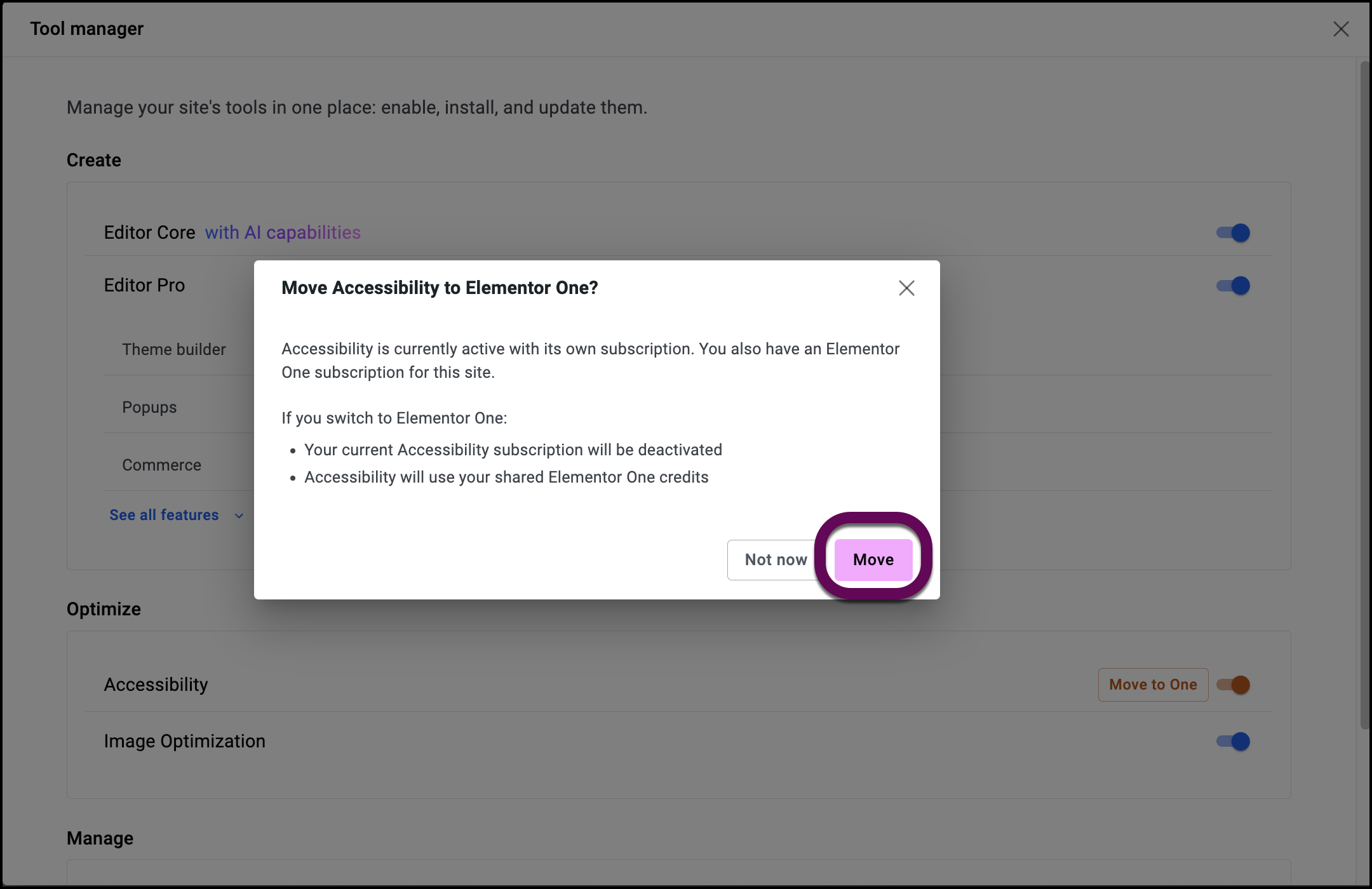 The Move button which adds the plugin to your Elementor One plan.