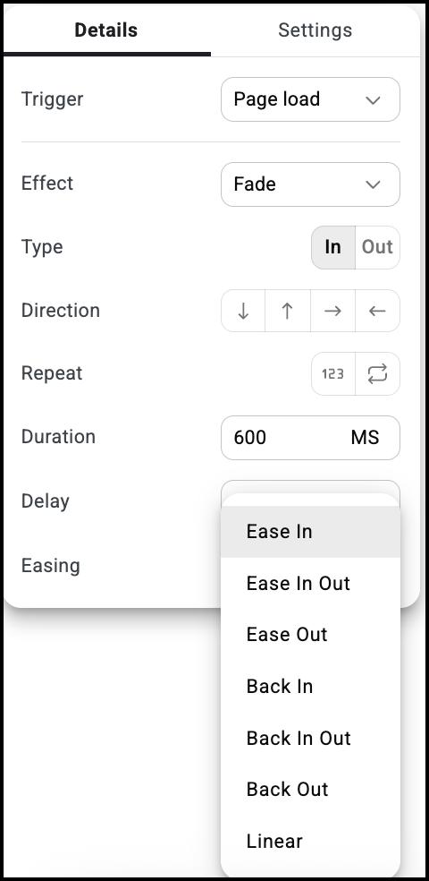 Select an easing setting