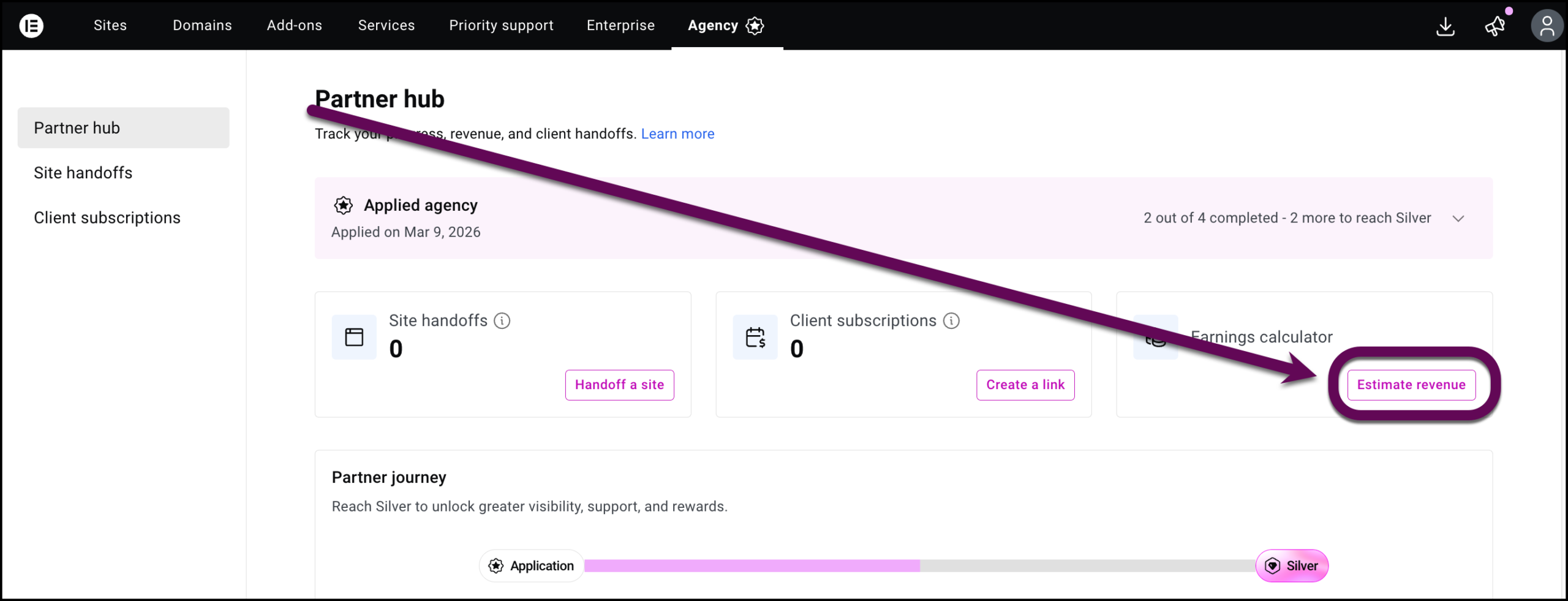 The estimate revenue button opens the earnings calculator
