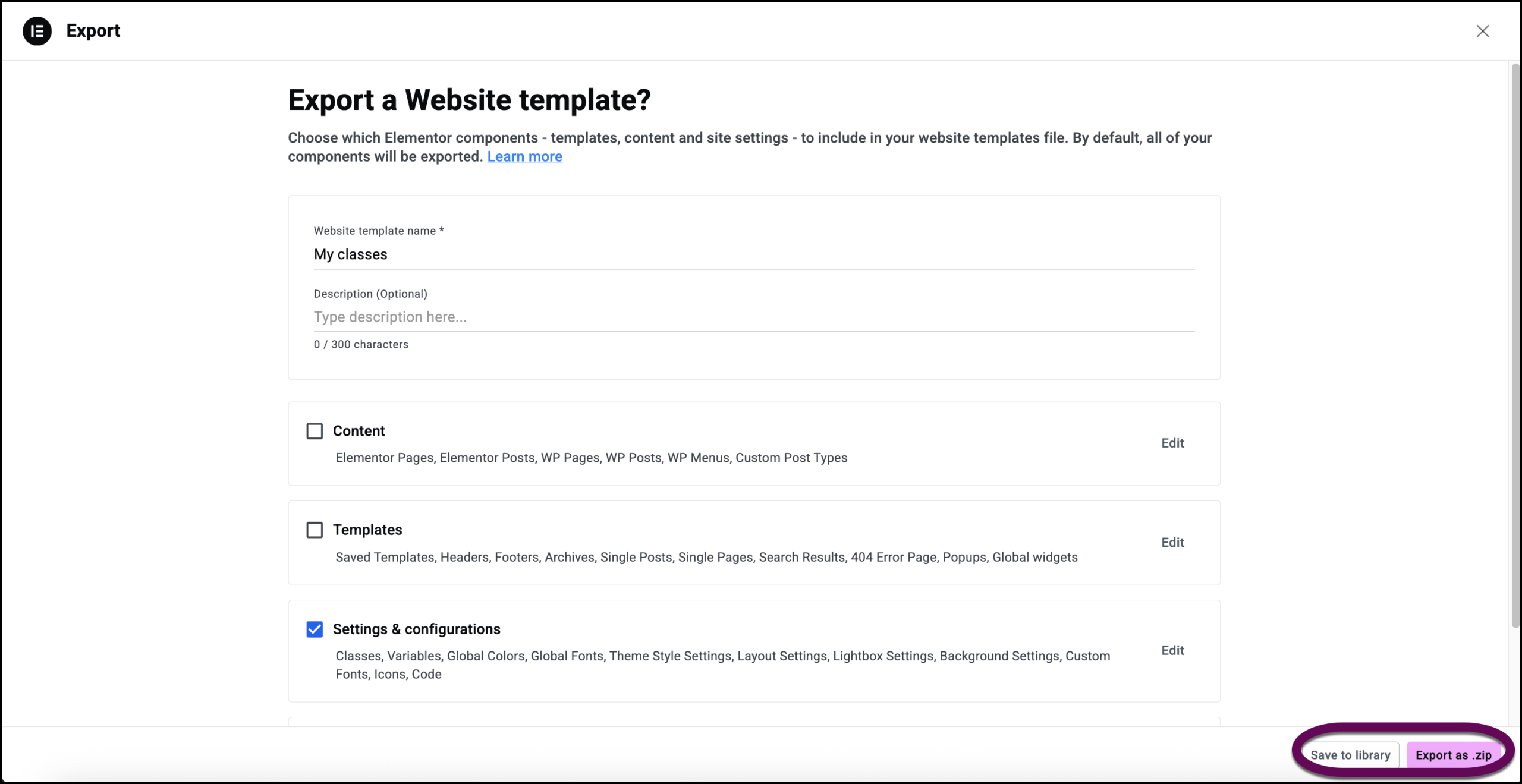 The buttons that let you export the file as a zip or save it to your library